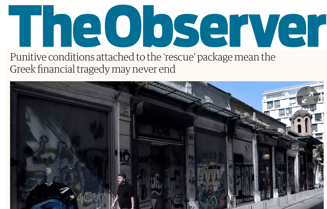 Έσπρωξαν την Ελλάδα στον γκρεμό και γιορτάζουν το γκελ που έκανε στον σκληρό βράχο της Μεγάλης Ύφεσής. Έφτιαξαν μια έρημο και την ονόμασαν ειρήνη – άρθρο στον χτεσινό The Observer