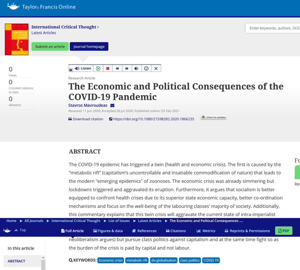 ‘The Economic and Political Consequences of the COVID-19 Pandemic’ by S.Mavroudeas – INTERNATIONAL CRITICAL THOUGHT
